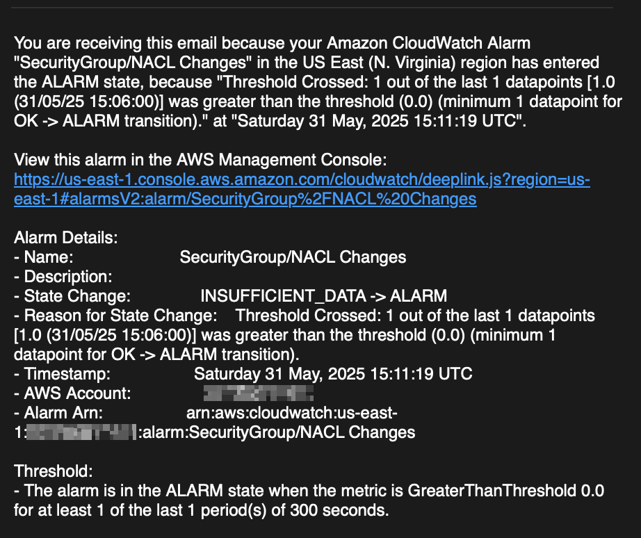 Email alert notification received for security group changes with detailed event information