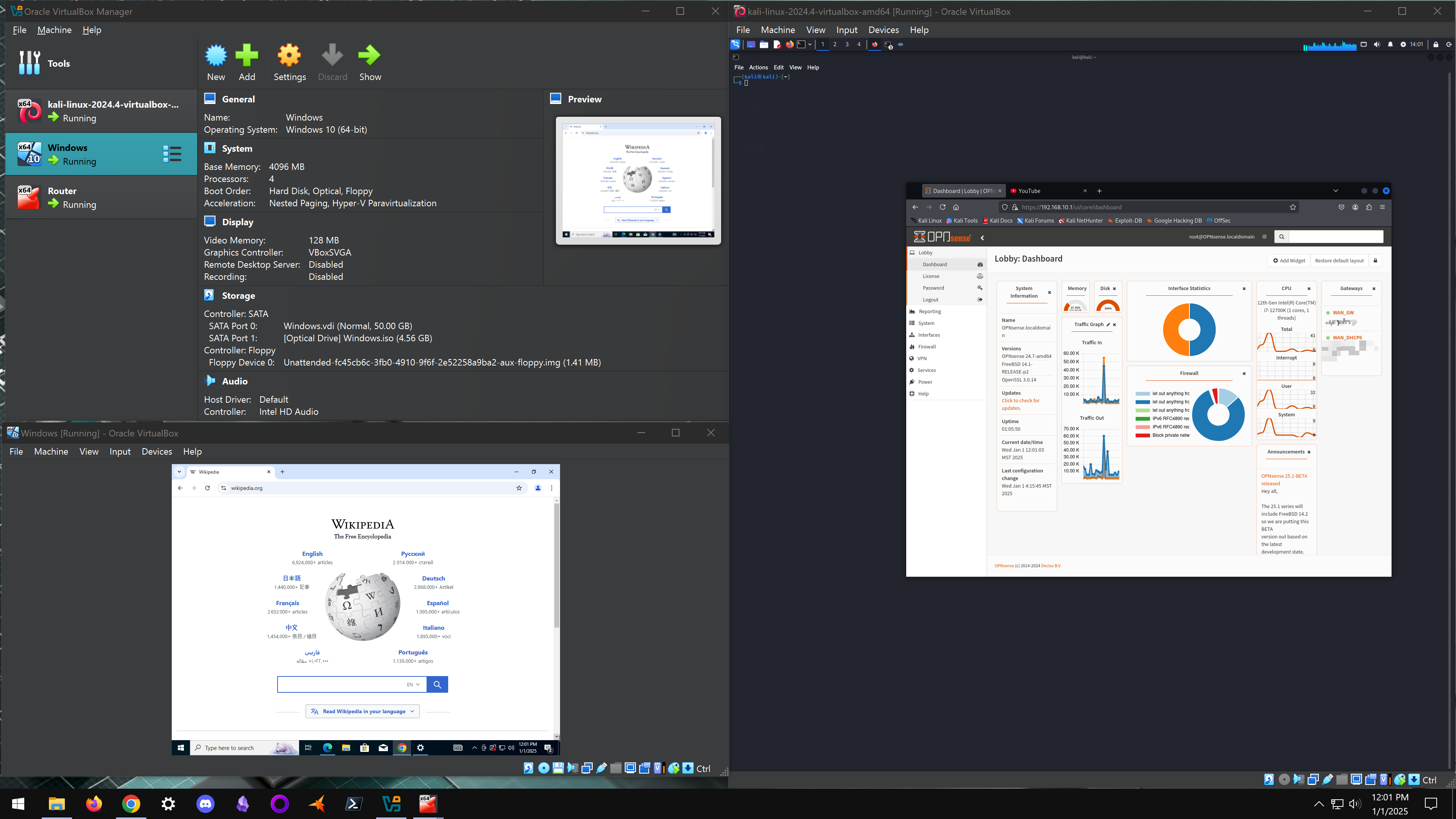 VirtualBox showing Windows 10 and Kali Linux VMs running, with OPNSense router dashboard accessed within Kali Linux demonstrating network connectivity